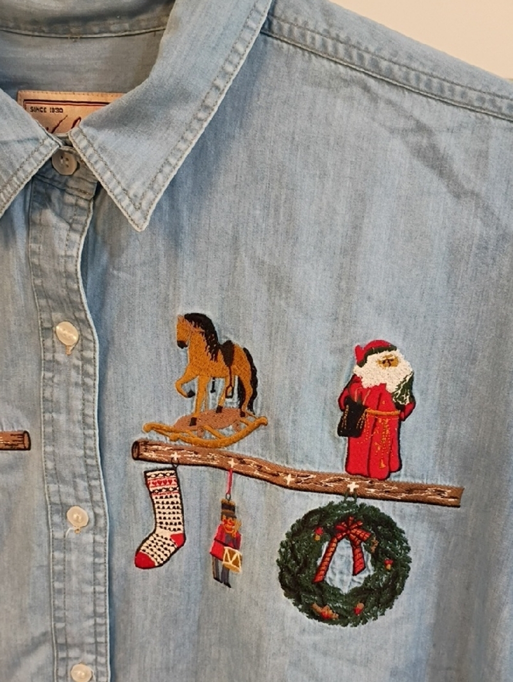 Woolrich Light Blue Embroidered Holiday Denim Button-Down Shirt - Picture 2 of 5